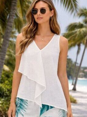 White Linen Asymmetrical Top with Front Ruffle, Harvé Bernard, Size S